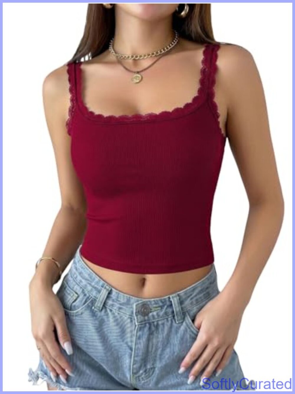 Lace Trim Square Neck Ribbed Knit Fitted Crop Camisole Tank Top